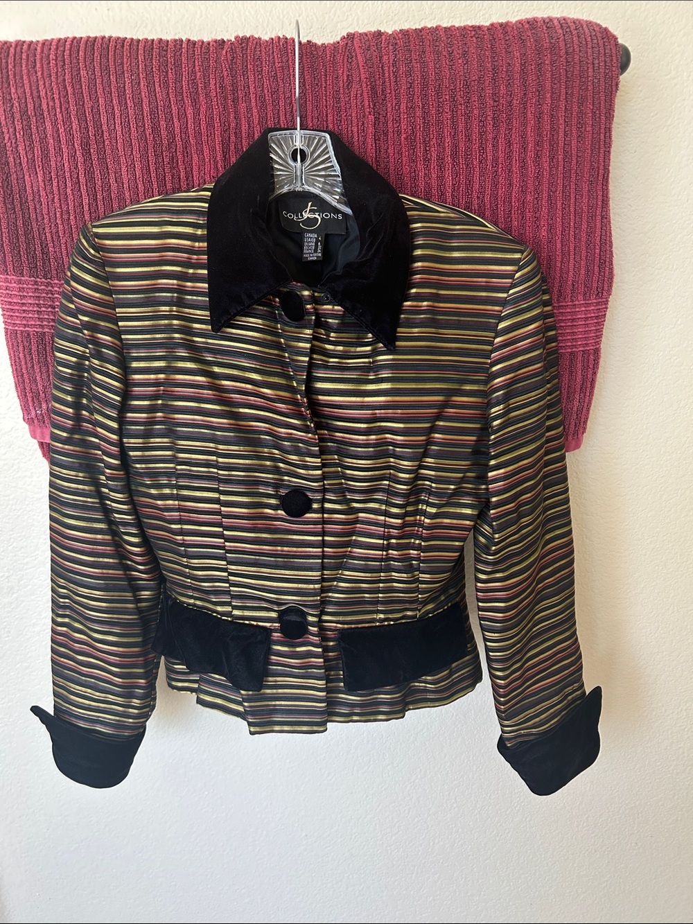 JS Collections Striped Satin Crop Jacket in Black, Gold, Red